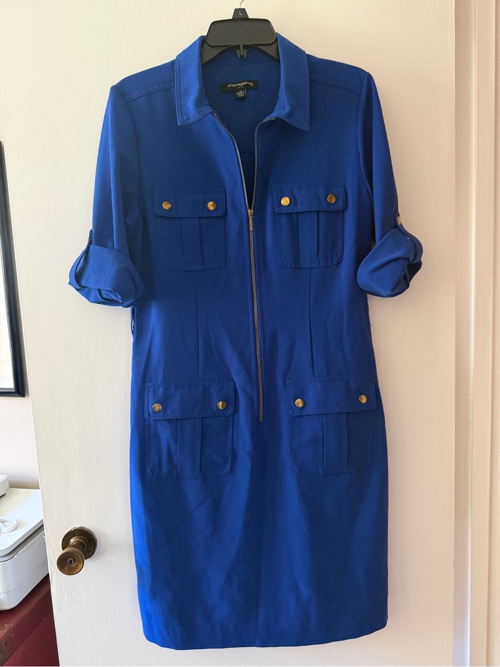 Sharagano Royal Cobalt Blue Zip Front Utility Safari Dress Size 10